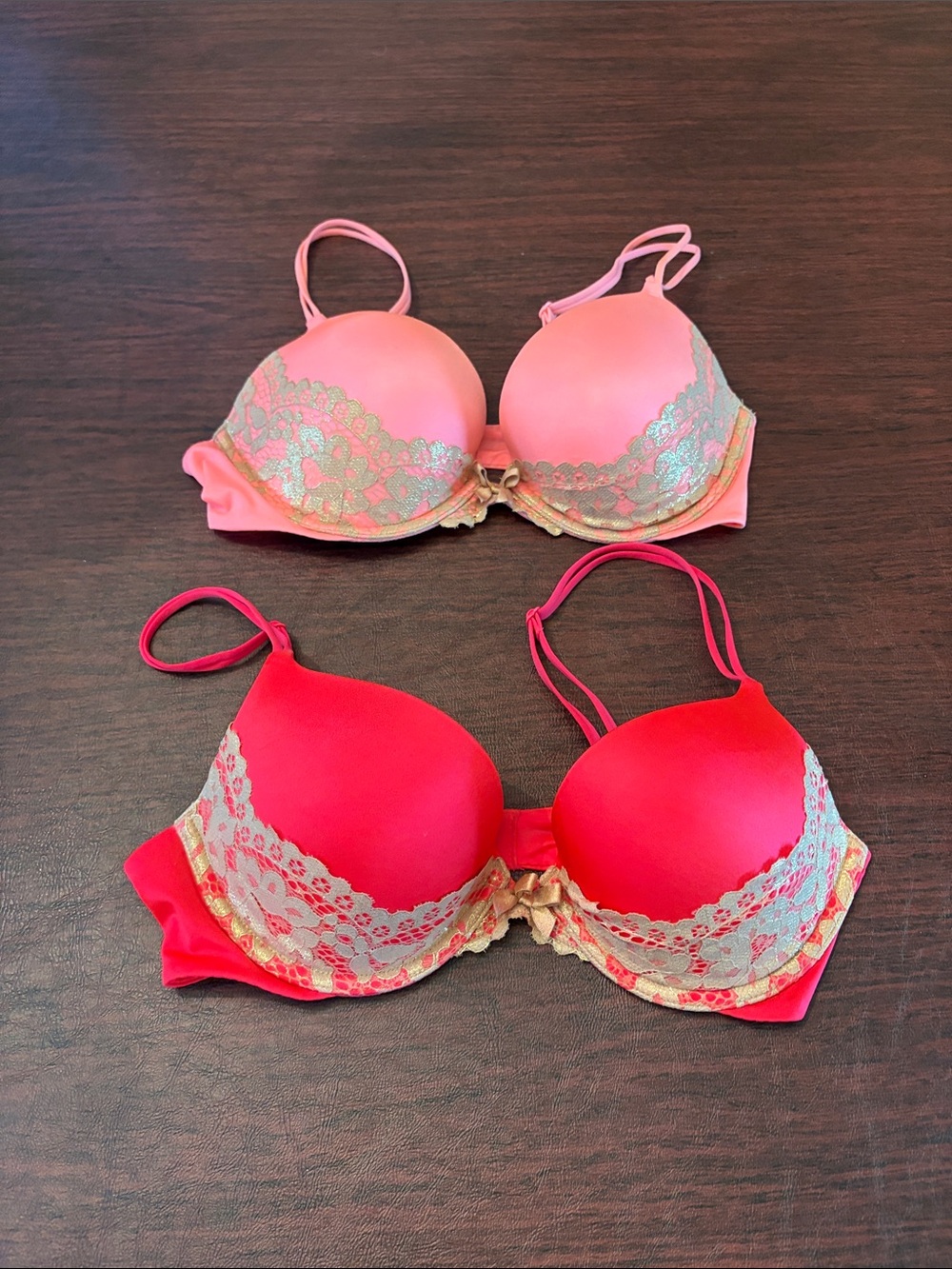 Victoria's Secret Lace-Trim Push-Up Bras in Coral and red